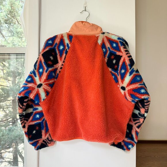 New Free People Hit The Slopes Printed Fleece Jacket Pullover Orange XS - Picture 8 of 10